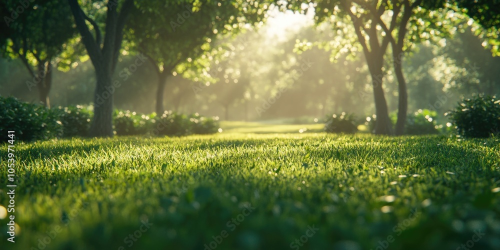 Poster lush green field with trees in the background. the sun is shining brightly, creating a warm and invi