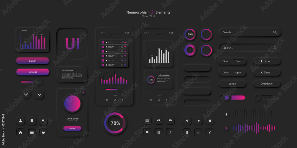 Poster user interface elements for a mobile application in black and pink. a set for developing a modern we