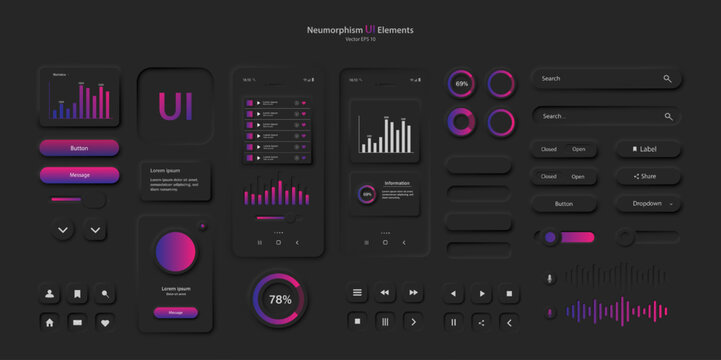 User interface elements for a mobile application in black and pink. A set for developing a modern website or mobile application in the Neumorphism style. Vector EPS 1 0.