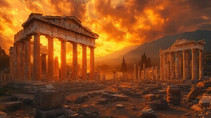 Obraz premium Ancient Greek Temple Ruins at Sunset with Dramatic Clouds