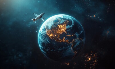 Fototapeta premium 3D cartoon planet Earth with a plane flying around it, representing travel and exploration