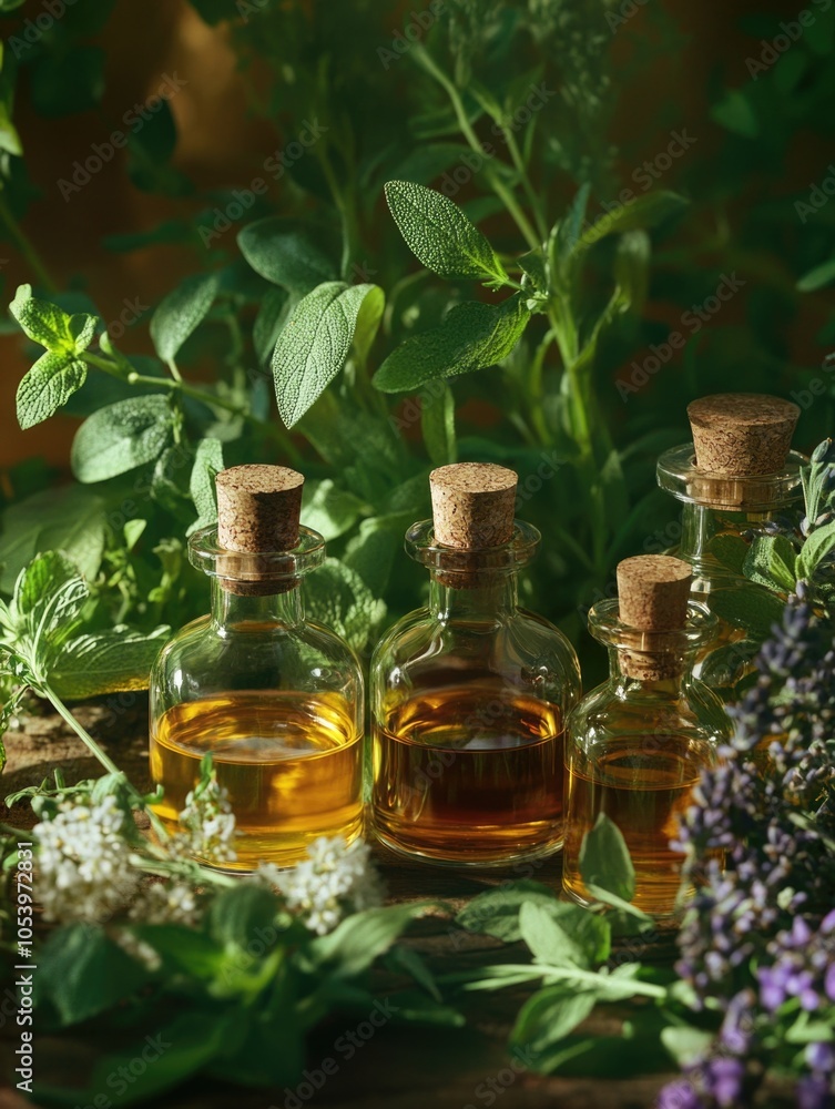 Poster four small bottles of essential oils are displayed on a wooden table with green plants surrounding t