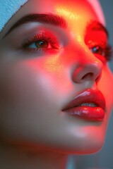 Woman with red lips and a white towel on her head. The image has a warm and inviting mood