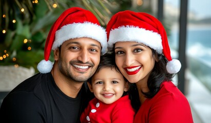 Family of three, a man and two women, are posing for a picture in red santa hats. Indian American smiling happy married family spouses couple husband wife in red Santa Christmas hats