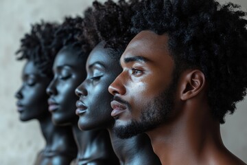 Four people with different hair textures and skin tones are standing next to each other. image of different people, men and women, white and black, reflecting on life. reflective people