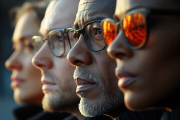 Four people with different hair textures and skin tones are standing next to each other. image of different people, men and women, white and black, reflecting on life. reflective people
