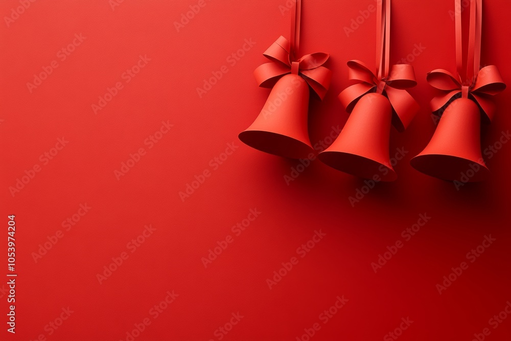 Poster red background with three red bells hanging from the ceiling. the bells are hanging in a row and are