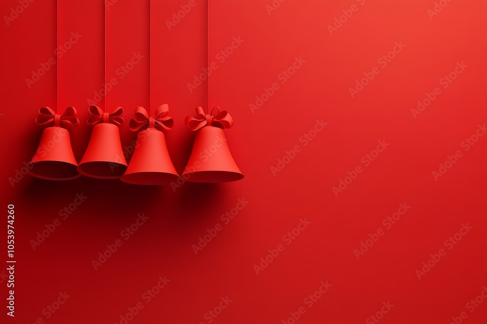Aufkleber red background with three red bells hanging from the ceiling. the bells are hanging in a row and are