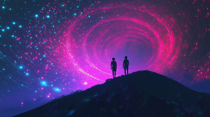 Fototapeta premium Silhouetted couple stargazing under vibrant night sky