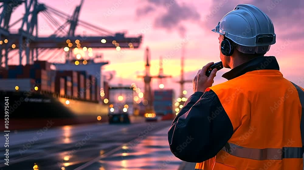 Aufkleber a cargo port worker using a radio to coordinate the loading of containers onto a massive ship, with 