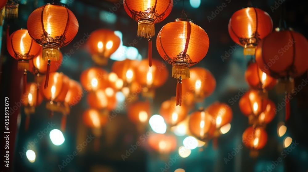 Poster bunch of orange lanterns hanging from the ceiling. the lanterns are lit up and create a warm and inv