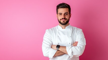 Obraz premium Confident Chef Posing Against Pink Background