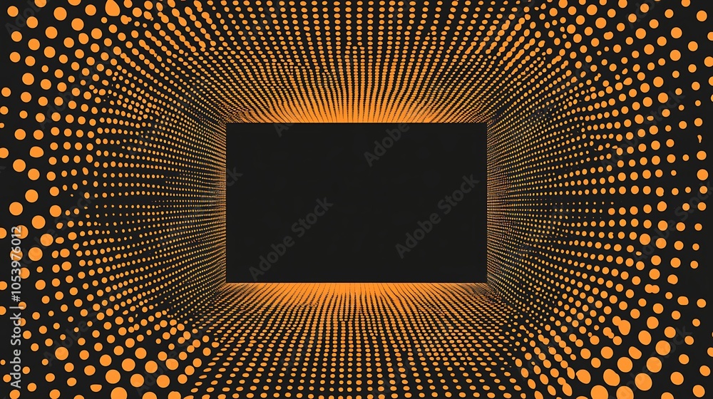 Poster abstract black and orange tunnel made of glowing dots with copy space.