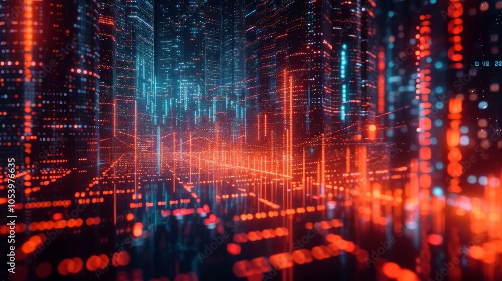 Poster a vibrant digital landscape featuring glowing red and blue lines, representing data flow and connect