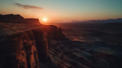 Stunning drone shot of a rugged desert mesa, steep cliffs creating contrasting shadows over the parched landscape, as the low sun casts a warm golden glow