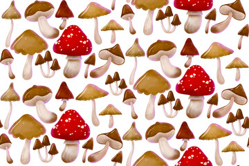 Seamless pattern of forest mushroom, toadstool, chanterelles, honey agarics, fly agarics, morels. Poisonous mushrooms background . Hand drawn  cartoon illustration.