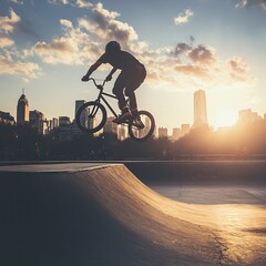 Fototapeta premium Dynamic bmx rider performing tricks against a sunset skyline