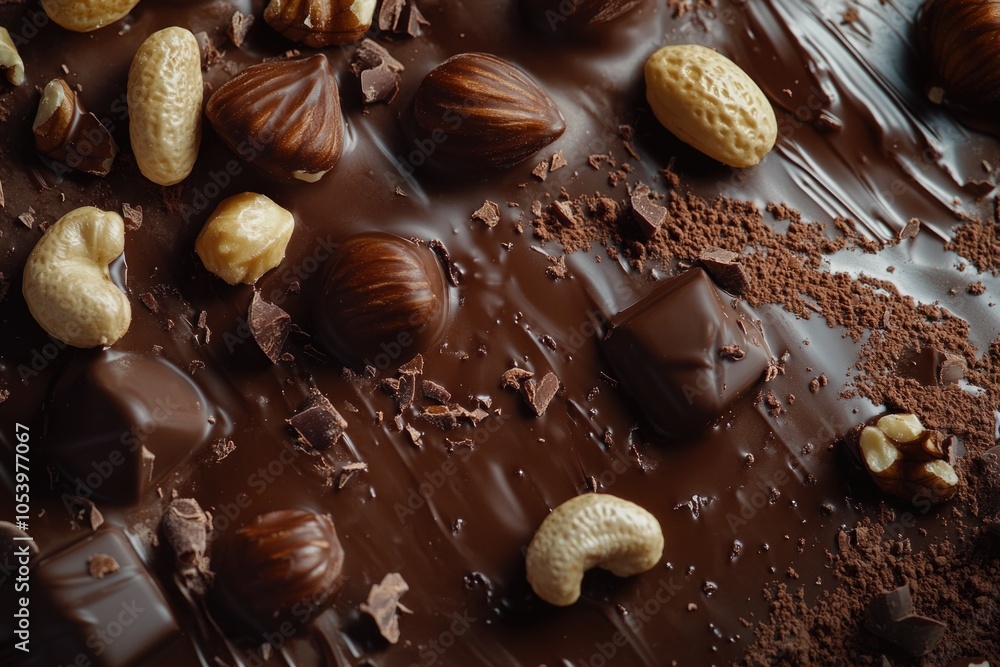 Poster chocolate bar with nuts and other toppings. the chocolate is melted and dripping, creating a messy a
