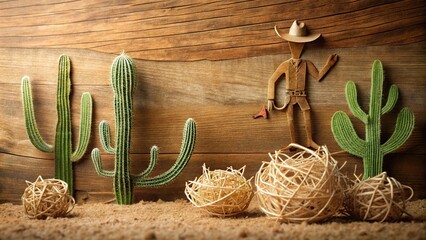 Rustic paper craft of desert with cowboy tumbleweeds and cacti close-up