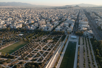 Fototapeta premium Aerial View of Athens Park with Dancing Fountain and Urban Landscape