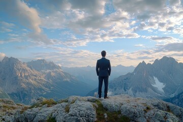 Businessman Overlooking Majestic Mountain Landscape