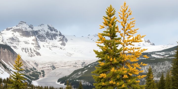 A single, yellow pine tree stands out against a backdrop of snow-capped mountains.