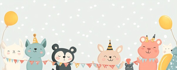Fototapeta premium Cartoon cute concept with pastel-colored animals holding New Year's banners, space for text on the side. Created by using generative AI tools.