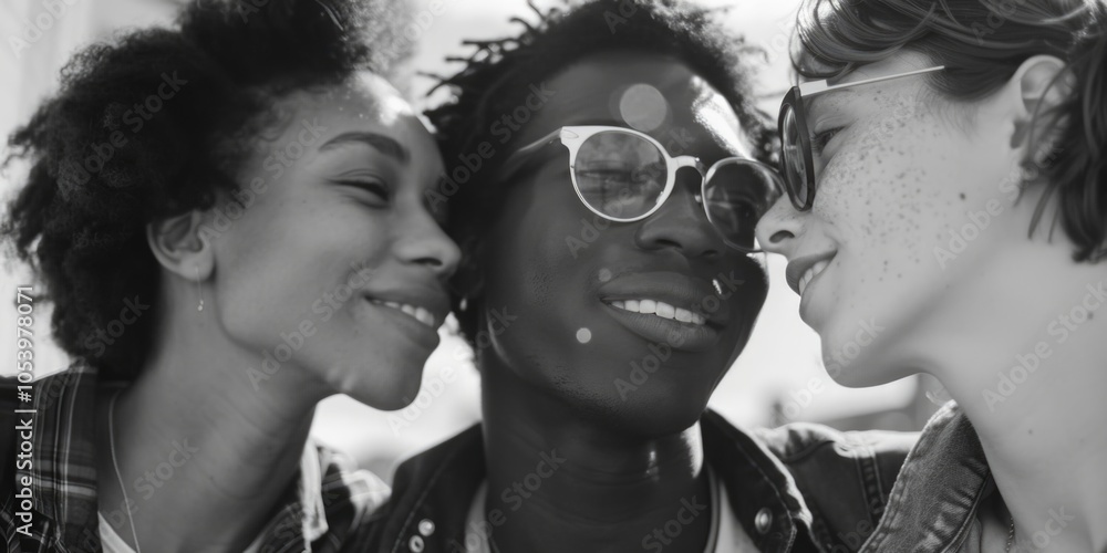 Poster three people are smiling and hugging each other. one of them is wearing glasses. scene is happy and 