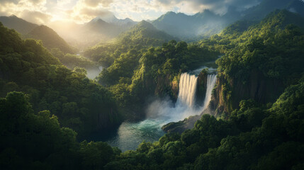 Fototapeta premium A lush green forest with a waterfall in the background