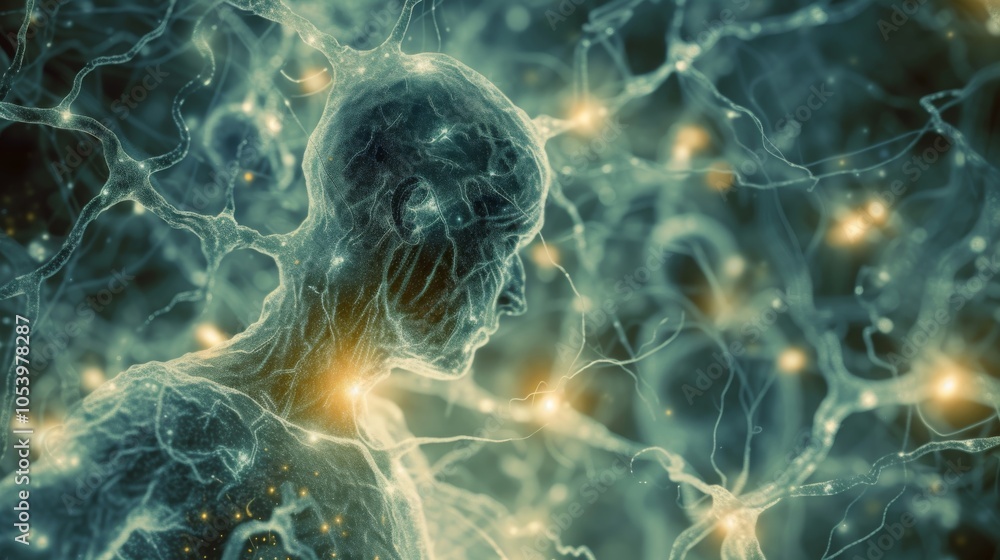 Poster A stunning abstract representation of human neurons, showcasing the intricate connections within the brain. Vivid colors highlight the electrical impulses and neural pathways.