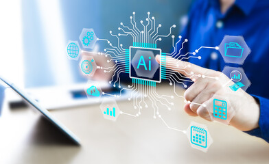 Smart businessmen study, learn, analyze, and find information on trends and directions of industrial machinery marketing businesses through AI technology, artificial intelligence for the future.