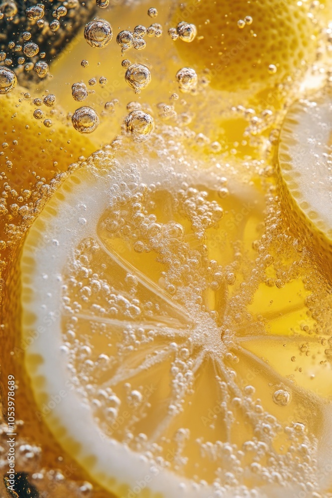 Poster close up of a lemon slice with bubbles in the background. the bubbles give the image a light and pla