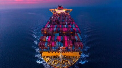 Fototapeta premium An aerial view of a cargo ship, showing its entire length and the many containers stacked on its deck. The perspective gives the viewer a sense of scale and grandeur.