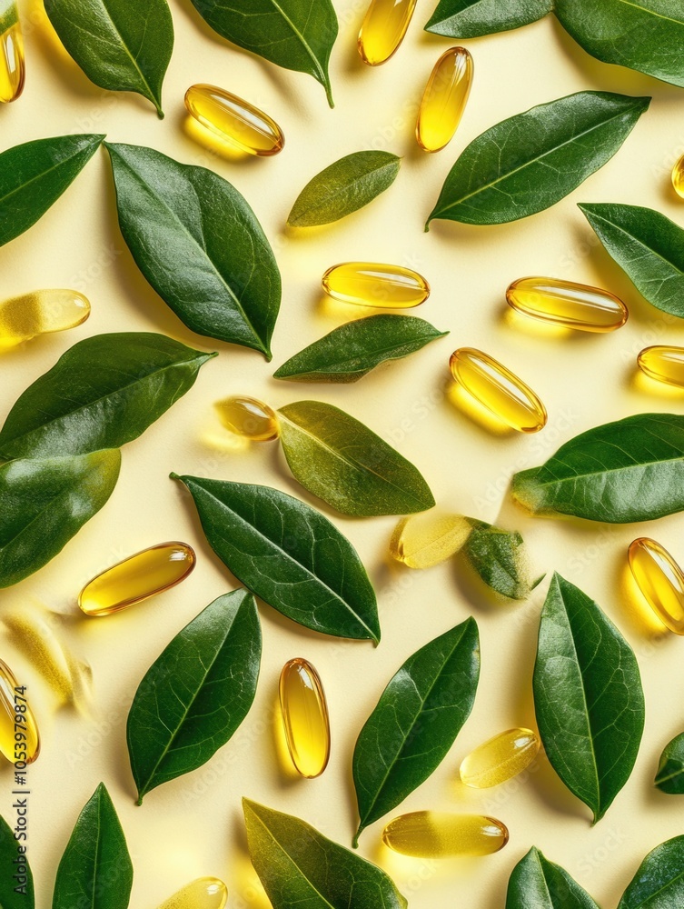 Poster close up of a leafy green background with a few yellow pills scattered throughout. the pills are in 