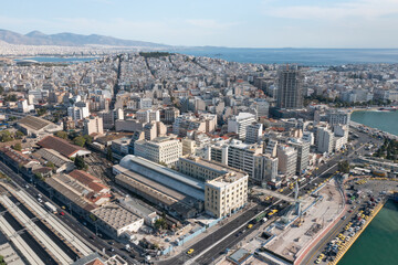 Obraz premium Piraeus Train Station and Coastal Cityscape with the Aegean Sea, Greece