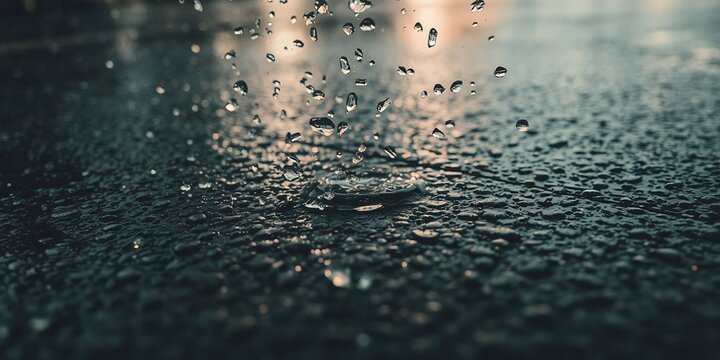 Raindrops falling on a wet surface.