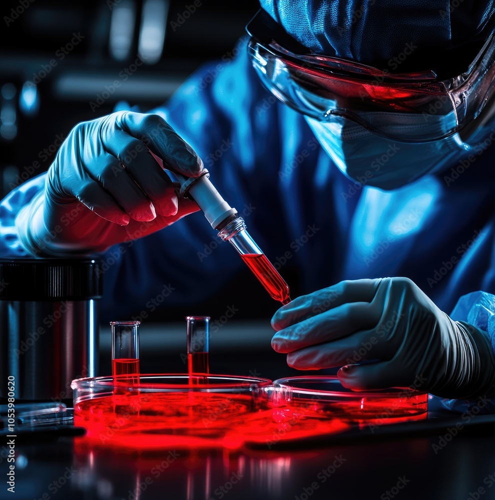Poster a scientist in protective gear conducts an experiment with red liquid in a laboratory, using a pipet