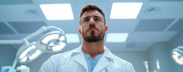 Obraz premium Confident Doctor in Lab Coat Standing in Medical Facility