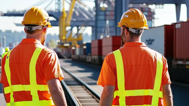 Dock Workers and Manager Inspecting Freight Cargo Train at Port