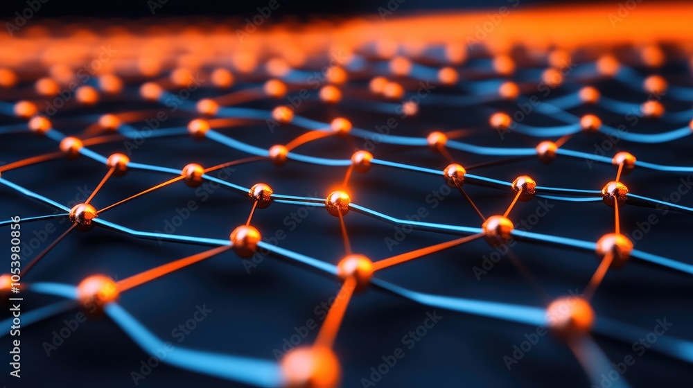 Poster a digital representation of interconnected nodes and lines in a network, showcasing a blend of blue 
