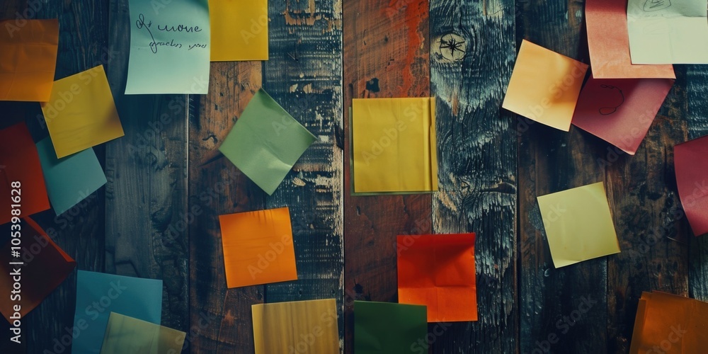 Poster bunch of colorful sticky notes are scattered on a wooden surface. the notes are of various sizes and