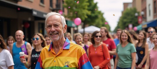 Obraz premium Elderly man in rainbow attire celebrates Gay Pride Parade surrounded by confetti colorful balloons during Summer Street Party - Pride Month LGBTQ