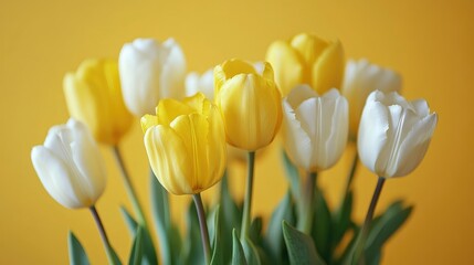 Obraz premium A stunning arrangement of yellow and white tulips against a cheerful yellow backdrop, ideal for floral decor and inspiration.