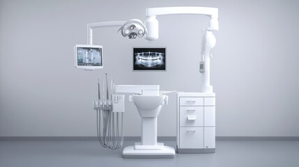 Fototapeta premium A high-definition image of dental X-ray equipment in a clinical setting, with a gray background and soft focus