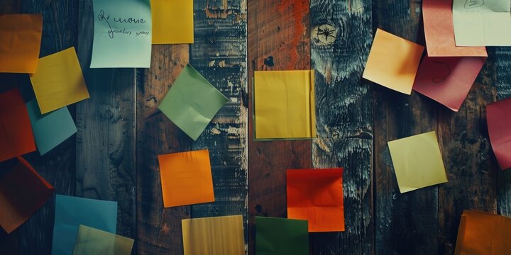Bunch of colorful sticky notes are scattered on a wooden surface. The notes are of various sizes and colors, and they seem to be arranged in a haphazard manner