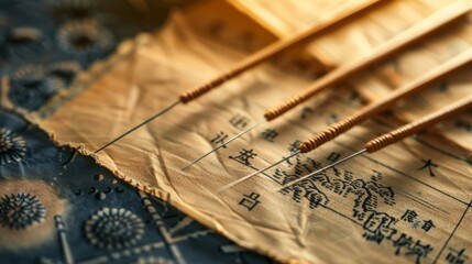 Acupuncture needles resting on an aged piece of fabric with traditional chinese medical text, evoking a sense of history and ancient healing practices