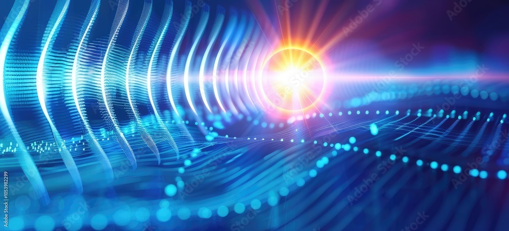 Poster a vibrant abstract representation of waves and light, showcasing technological themes with dynamic c