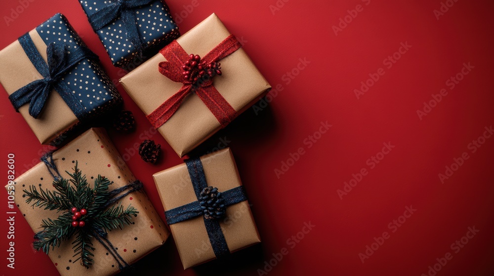 Poster a red background with a bunch of presents on it. generative ai