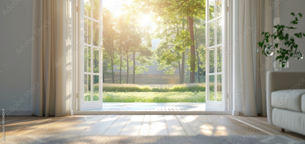 Aufkleber Bright indoor space featuring open doors allowing natural light and greenery to illuminate the room, creating a serene atmosphere.
