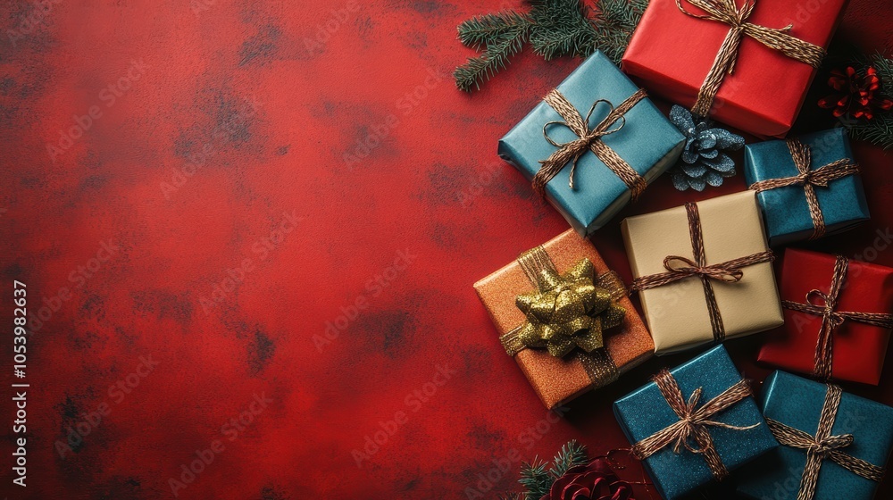 Poster a red background with a bunch of presents on it. generative ai